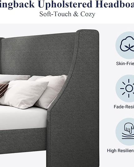 Allewie Queen Bed Frame, Platform Bed Frame Queen Size with Upholstered Headboard, Modern Deluxe Wingback, Wood Slat Support, Mattress Foundation, Light Grey - LeafyLoom
