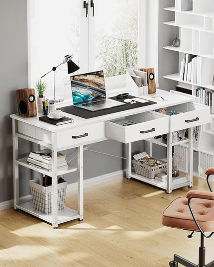 ODK Office Small Computer Desk: Home Table with Fabric Drawers & Storage Shelves, Modern Writing Desk, White, 48"x16" - LeafyLoom