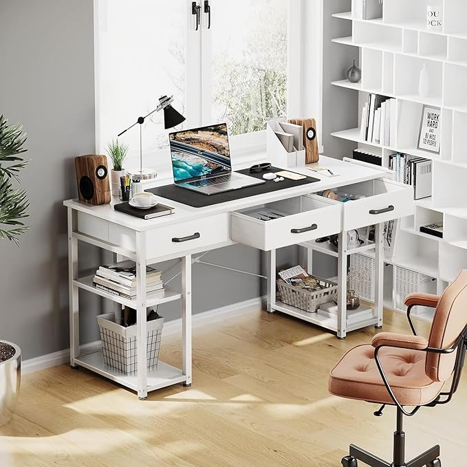 ODK Office Small Computer Desk: Home Table with Fabric Drawers & Storage Shelves, Modern Writing Desk, White, 48"x16" - LeafyLoom