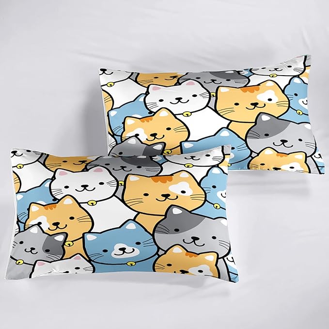 Cat Comforter Set - Cute Cat Comforter - Full Size Comforter Set for Kids Kawaii Cat Bedding Set Cartoon Cat Print Bedding Sets for Girls Room Kids Cat Quilt Sets with 2 Pillowcases - LeafyLoom