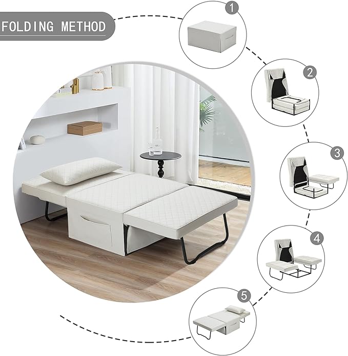 Sofa Bed, 4 in 1 Multi-Function Folding Ottoman Breathable Linen Couch Bed with Adjustable Backrest Modern Convertible Chair for Living Room Apartment Office,Squared-Linen White - LeafyLoom
