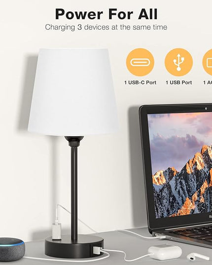 White Bedside Lamps for bedrooms Set of 2 - Nightstand Bedroom Lamp with USB C Port and AC Outlet Charging, 3 Way Dimmable Touch Control Small White Bed Side Table Lamp, Nightstand Light for Kids - LeafyLoom