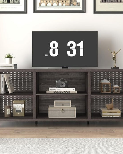 LVB Gray TV Stand for 75 Inch TV, Long Rustic Wood Entertainment Center, Large Farmhouse Media tv console with Storage, Metal Industrial television stands Cabinet for Bedroom, Dark Gray Oak, 63 Inch - LeafyLoom