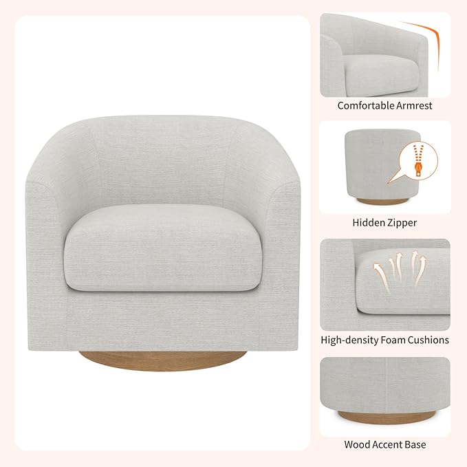 MUUEGM Accent Chair with Arms, 360 Degree Swivel Accent Chair with Wood Base, Modern Barrel Chair for Living Room, Bedroom, Waiting Room, Fully Assembled,Performance Fabric in Ivory White - LeafyLoom