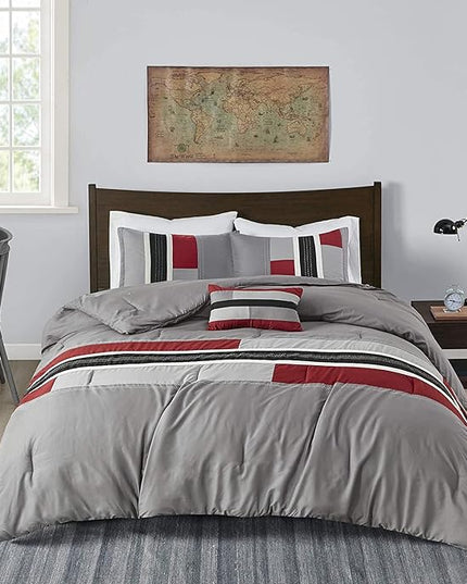 Mi Zone Cozy Comforter Set Geometric Stripes Vibrant Color Design All Season Bedding Matching Shams, Decorative Pillow, Full/Queen, Red/Grey, 4 Piece - LeafyLoom