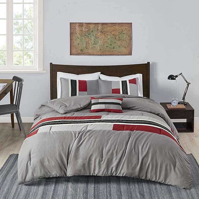 Mi Zone Cozy Comforter Set Geometric Stripes Vibrant Color Design All Season Bedding Matching Shams, Decorative Pillow, Full/Queen, Red/Grey, 4 Piece - LeafyLoom