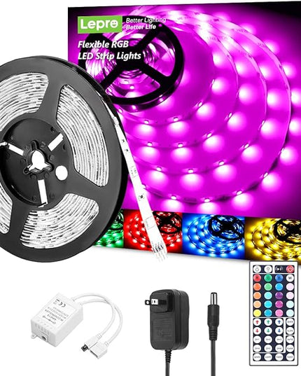 Lepro RGB LED Strip Lights, Christmas Decor, 16.4ft Flexible LED Light Strip, 5050 SMD LED, Color Changing Rope Light with Remote Controller and 24V Power Supply for TV Backlight, Home, Bedroom, Bar Lepro