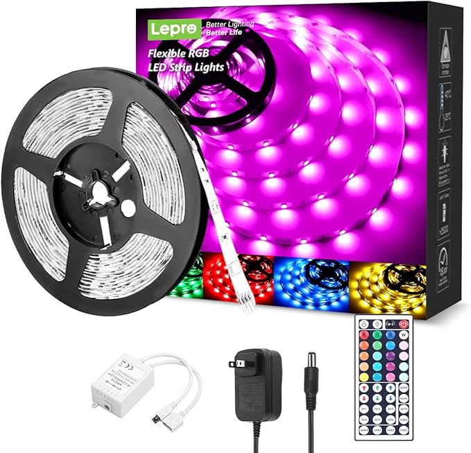 Lepro RGB LED Strip Lights, Christmas Decor, 16.4ft Flexible LED Light Strip, 5050 SMD LED, Color Changing Rope Light with Remote Controller and 24V Power Supply for TV Backlight, Home, Bedroom, Bar Lepro