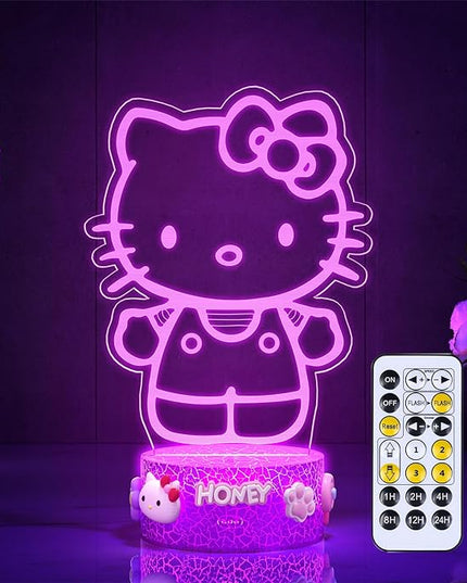 Kitty Night Light Room Decor Gift, Cute Birthday Gifts for Baby Girls Kids, Kitty LED Light for Bedroom Decorations, Kitty Lamp with Remote Control, Dimmer, Timer, RGB Light, 3D Cute Stickers - LeafyLoom