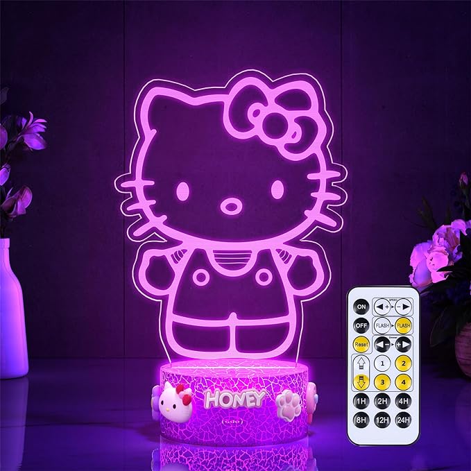 Kitty Night Light Room Decor Gift, Cute Birthday Gifts for Baby Girls Kids, Kitty LED Light for Bedroom Decorations, Kitty Lamp with Remote Control, Dimmer, Timer, RGB Light, 3D Cute Stickers - LeafyLoom