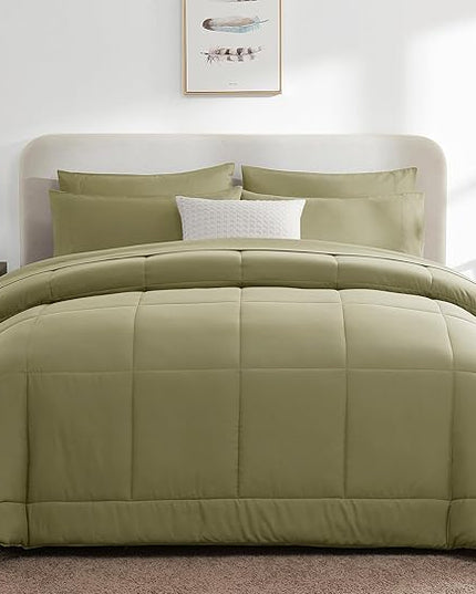 CozyLux King Size Comforter Set - 7 Pieces Bed in a Bag Set Olive Green, King Bedding Set with All Season Quilted Comforter, Flat Sheet, Fitted Sheet, Pillowcases - LeafyLoom