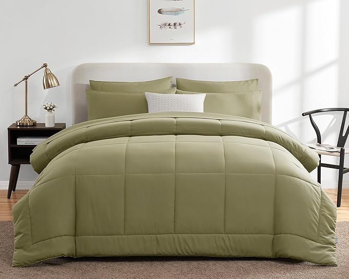 CozyLux King Size Comforter Set - 7 Pieces Bed in a Bag Set Olive Green, King Bedding Set with All Season Quilted Comforter, Flat Sheet, Fitted Sheet, Pillowcases - LeafyLoom