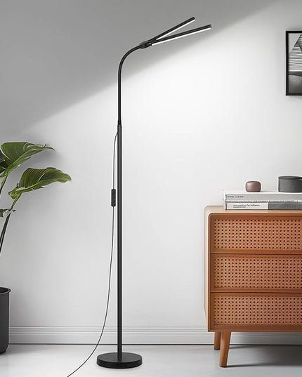 LED Floor Lamp, 15W/1800LM Bright Reading Floor Lamp for Office with Double Head, Adjustable Gooseneck Dimmable Modern Standing Light for Lash Extension Craft, Eye Caring Floor Lamps for Living Room - LeafyLoom