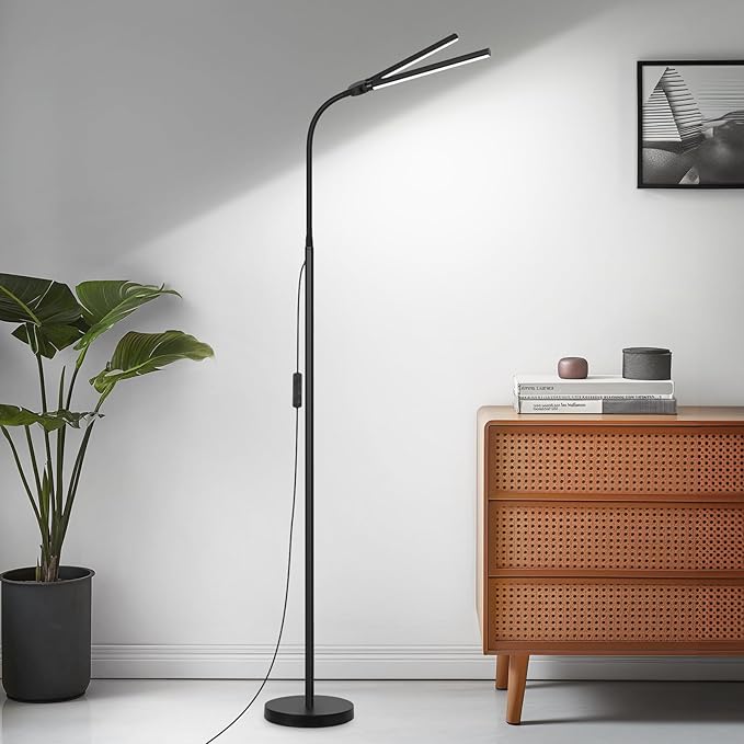LED Floor Lamp, 15W/1800LM Bright Reading Floor Lamp for Office with Double Head, Adjustable Gooseneck Dimmable Modern Standing Light for Lash Extension Craft, Eye Caring Floor Lamps for Living Room - LeafyLoom