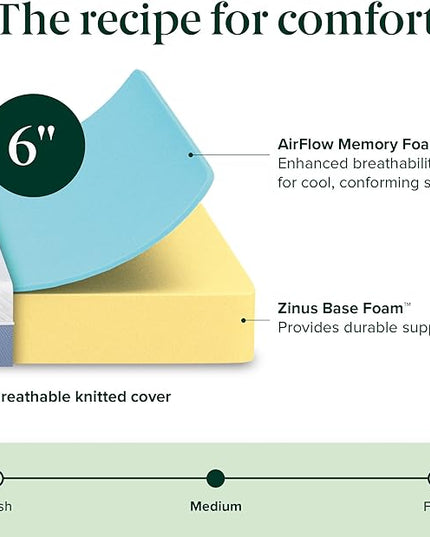 ZINUS 6 Inch Cooling Essential Memory Foam Mattress [New Version], Twin, Fiberglass Free, Medium Feel, Cooling Airflow Memory Foam, Certified Safe Foams & Fabric, Mattress in A Box - LeafyLoom