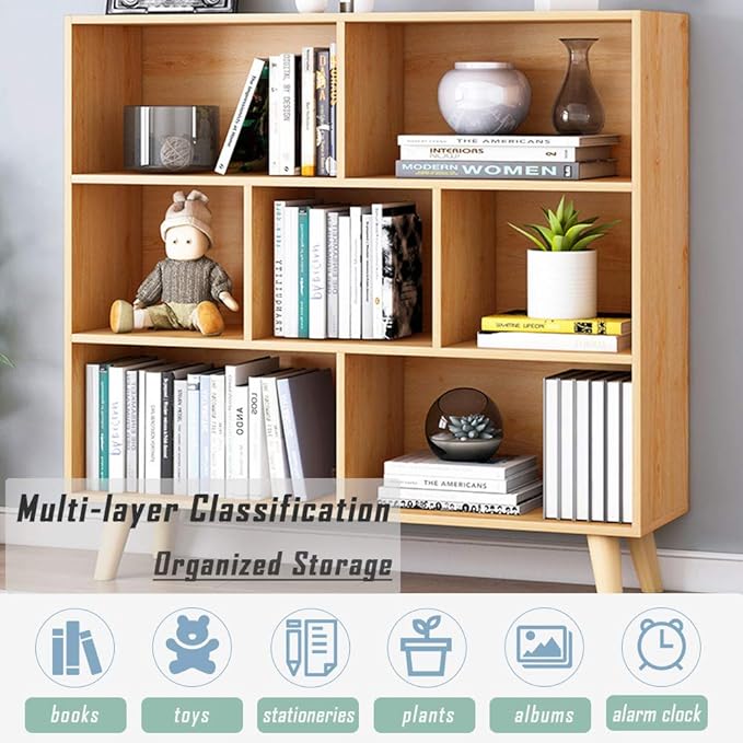 IOTXY Wooden Open Shelf Bookcase - 3-Tier Floor Standing Display Cabinet Rack with Legs, 7 Cubes Bookshelf, Pear Yellow - LeafyLoom