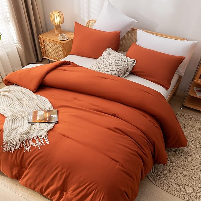 Terracotta Queen Comforter Solid Color 3PCS Boho Bed Comforter Set Queen Size Soft Lightweight Down Alternative Microfiber Comforter for All Season (1 Comforter, 2 Pillowcases) - LeafyLoom