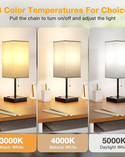 aooshine Grey Table Lamp for Bedroom - 3 Color Temperature 3000K 5000K 4000K Bedside Lamp, Pull Chain Control, USB A and C Ports, AC Outlets, Bulb Included, Medium - LeafyLoom