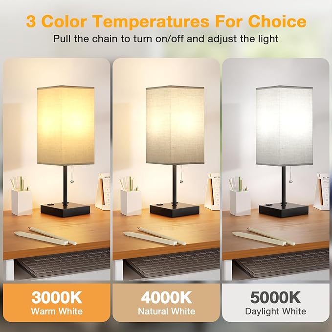 aooshine Grey Table Lamp for Bedroom - 3 Color Temperature 3000K 5000K 4000K Bedside Lamp, Pull Chain Control, USB A and C Ports, AC Outlets, Bulb Included, Medium - LeafyLoom