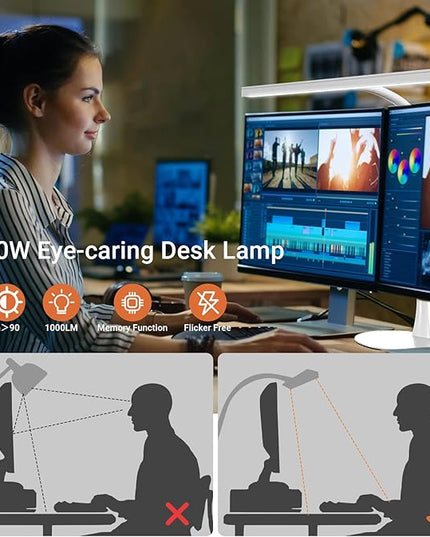 LED Piano Desk Lamp, 15.7" Wide Computer Desk Lamp, 10W Bright Tall Flexible Task Lamp for Monitor, Workbench, 3 Color Modes & 30 Brightness, 1000LM - LeafyLoom