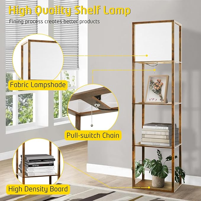 Floor Lamp with Shelves Plus, 4-Tier Modern 2700 4000K 5000K Brown Shelf Floor Lamp, Display Lamp for Living Room Bedroom Office 15W LED Bulb. - LeafyLoom