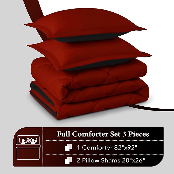 downluxe Full Size Comforter Set - Red and Black Full Comforter - Soft Bedding Sets for All Seasons -3 Pieces Comforter Set Full with 2 Reversible Pillow Shams - LeafyLoom
