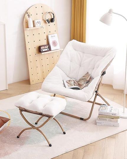 Tiita Saucer Chair with Ottoman, Soft Faux Fur Oversized Folding Accent Chair,Lounge Lazy Chair, Metal Frame Moon Chair for Bedroom, Living Room, Dorm Rooms, Garden and Courtyard - LeafyLoom