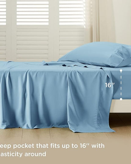 Bedsure Twin Sheets Set, Cooling Sheets Twin Size Bed Set, Rayon Derived from Bamboo, Twin Size Sheets, Breathable & Soft Bed Sheets, Hotel Luxury Silky Bedding Sheets & Pillowcases, Teal Blue - LeafyLoom