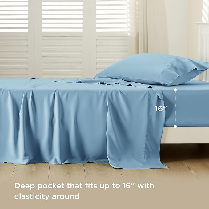 Bedsure Twin Sheets Set, Cooling Sheets Twin Size Bed Set, Rayon Derived from Bamboo, Twin Size Sheets, Breathable & Soft Bed Sheets, Hotel Luxury Silky Bedding Sheets & Pillowcases, Teal Blue - LeafyLoom