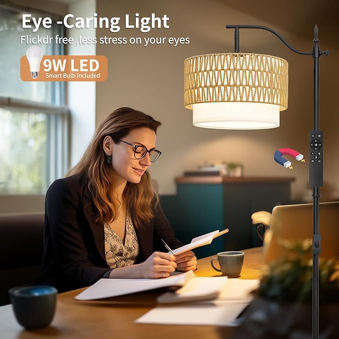 Frideko Rattan Floor Lamp with Remote Control & Dimmable LED Bulb, Boho Standing Lamp with 3 Color Temperatures, Bright Farmhouse Floor Light, Rustic Corner Floor Lamp, Tall Floor Lamp for Living Room - LeafyLoom