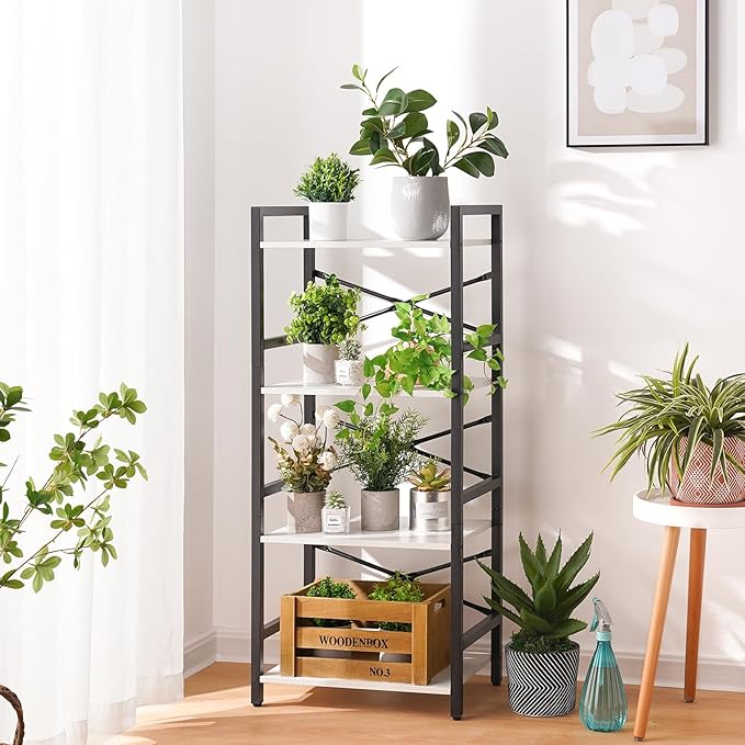 Yoobure 4 Tier Bookshelf - Small Book Shelf Industrial Bookcase, Narrow Book Case Book Storage Organizer for CD/Movie/Book, Bookshelves for Bedroom Office Living Room White - LeafyLoom