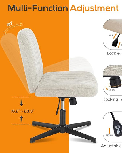 Criss Cross Chair, Cross Legged Office Chair, Wide Comfty Desk Chair, No Wheels Armless Computer Task Chair, Swivel Fabric Vanity Home Chair, Height Adjustable - LeafyLoom