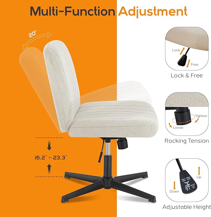 Criss Cross Chair, Cross Legged Office Chair, Wide Comfty Desk Chair, No Wheels Armless Computer Task Chair, Swivel Fabric Vanity Home Chair, Height Adjustable - LeafyLoom