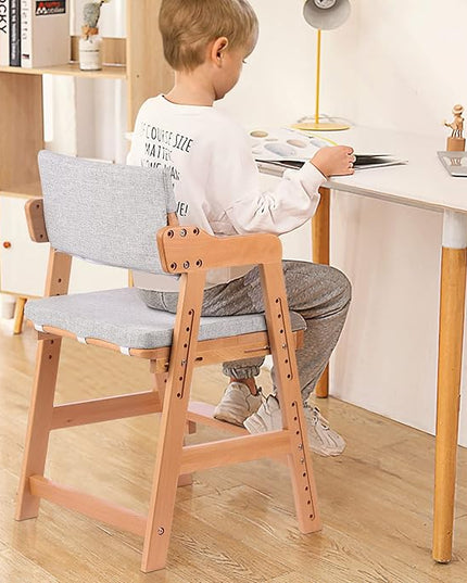 Ezebaby Wooden High Chair, Adjustable Highchair for Toddlers to Teens with Steps, Kids Dining Chair, Study Chair with Removable Cushion (Natural Color) - LeafyLoom