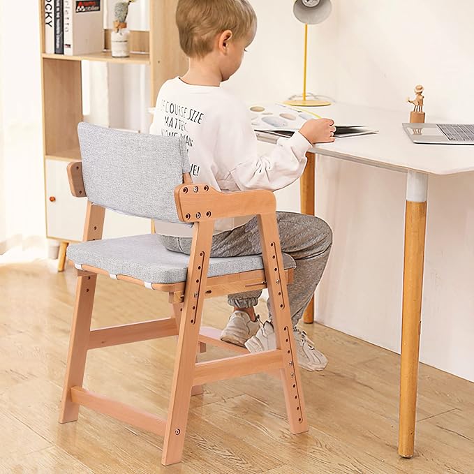 Ezebaby Wooden High Chair, Adjustable Highchair for Toddlers to Teens with Steps, Kids Dining Chair, Study Chair with Removable Cushion (Natural Color) - LeafyLoom