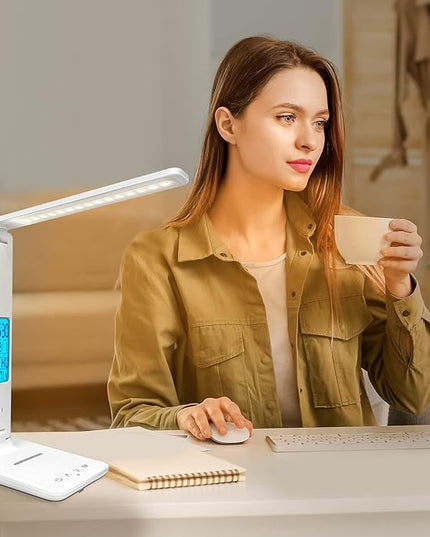 Desk Lamp with Wireless Charger, USB Charging Port, Dimmable Office Desk Light with Clock, Alarm, Date, Temperature, Foldable Lamp for Table Bedroom Bedside Office (White) - LeafyLoom