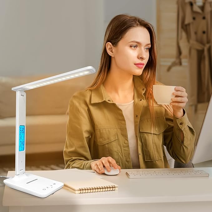 Desk Lamp with Wireless Charger, USB Charging Port, Dimmable Office Desk Light with Clock, Alarm, Date, Temperature, Foldable Lamp for Table Bedroom Bedside Office (White) - LeafyLoom