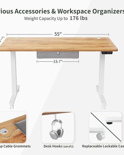 FEZIBO 55 x 24 Inches Standing Desk with Drawer, Adjustable Height Electric Stand up Desk with Storage, Sit Stand Home Office Desk, Ergonomic Computer Desk, Light Rustic - LeafyLoom