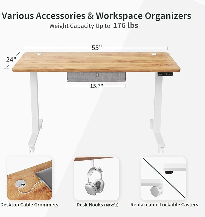 FEZIBO 55 x 24 Inches Standing Desk with Drawer, Adjustable Height Electric Stand up Desk with Storage, Sit Stand Home Office Desk, Ergonomic Computer Desk, Light Rustic - LeafyLoom