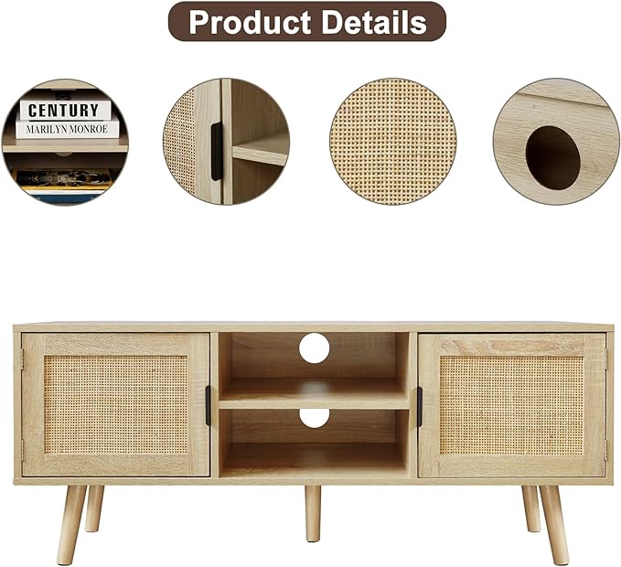 Anmytek Farmhouse Rattan TV Stand Modern Wood Media Entertainment Center Console Table for TVs up to 55 Inches with 2 Doors and 2 Open Shelves, Natural Oak, H0015 - LeafyLoom