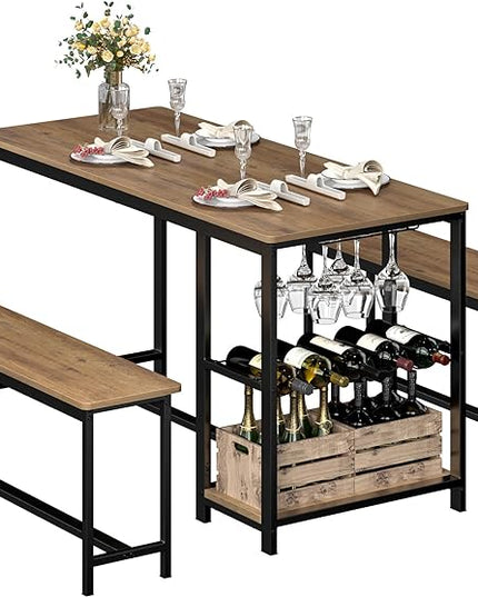 3-Piece Kitchen Table for 4, 54.7" Dining Table Set with 2 Benches, Dining Room Table with MDF Wood Board, Storage Shelf, Wine and Glass Rack, Industrial (Brown) - LeafyLoom