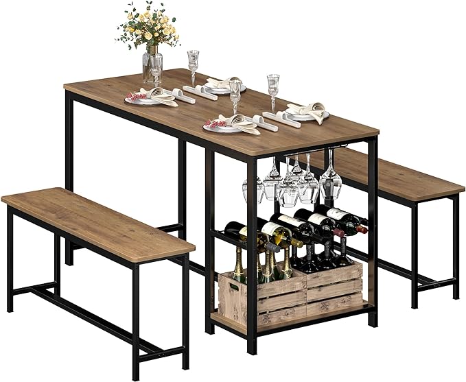 3-Piece Kitchen Table for 4, 54.7" Dining Table Set with 2 Benches, Dining Room Table with MDF Wood Board, Storage Shelf, Wine and Glass Rack, Industrial (Brown) - LeafyLoom
