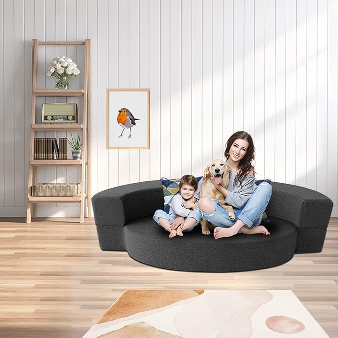 Modern Folding Sofa Bed Couch Memory Foam with 2 Pillows Sleeper sofa futon couch for Bedroom Living Room Guests, Washable Set, Stylish Oval 76''L × 41.5''D × 10''H,Dark Gray - LeafyLoom