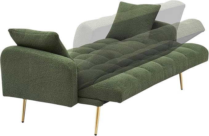 Fabric Teddy Fleece Folding Futon Sofa Bed w/Adjustable Backrests, 2 Seater Tufted Convertible Lounge Couch Recliner Loveseat with Metal Golden Legs for Living Room, Office,Bedroom, Green 69" - LeafyLoom