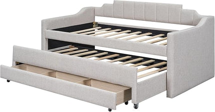 Merax Twin Size Upholstered Daybed with Trundle and Three Storage Drawers, Comfy Sofa-Bed & Padded Backrest for Living Room, Guest Room, Apartments, Both Side Armrests, Solid Wood Slats Support, Beige - LeafyLoom