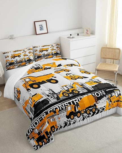 Feelyou Under Construction Comforter Set Vehicles Truck Car Bedding Set for Kids Boys Girls Children Cartoon Excavator Comforter Room Decor Machinery Bulldozer Crane Duvet Set Queen Size - LeafyLoom