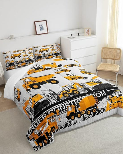Feelyou Under Construction Comforter Set Vehicles Truck Car Bedding Set for Kids Boys Girls Children Cartoon Excavator Comforter Room Decor Machinery Bulldozer Crane Duvet Set Twin Size - LeafyLoom