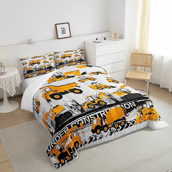 Feelyou Under Construction Comforter Set Vehicles Truck Car Bedding Set for Kids Boys Girls Children Cartoon Excavator Comforter Room Decor Machinery Bulldozer Crane Duvet Set Twin Size - LeafyLoom