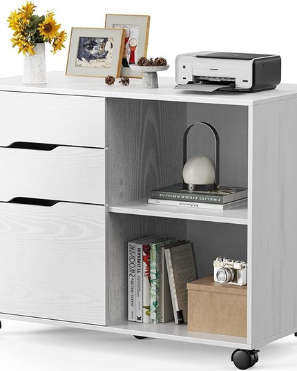 Sweetcrispy 3-Drawer File Cabinet, Lateral Mobile Filing Cabinet Wood Under Desk Storage Organizer with Wheels, Printer Stand & Open Shelves for Home Office Organization - White - LeafyLoom