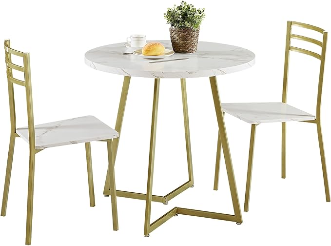 VECELO Small Round Dining Table Set for 2, Wood Marbled Tabletop with Steel Frame, Modern Dinette with Chairs for Kitchen Breakfast Nook Living Room, White and Gold - LeafyLoom